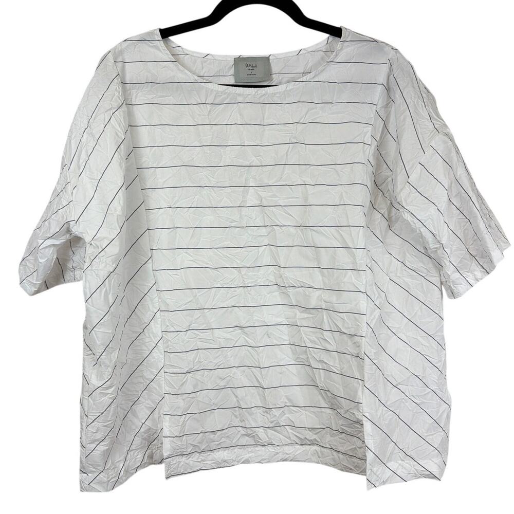 NWT Chalet White Black Stripe Crinkle Scoop Neck Top Size L Made in USA